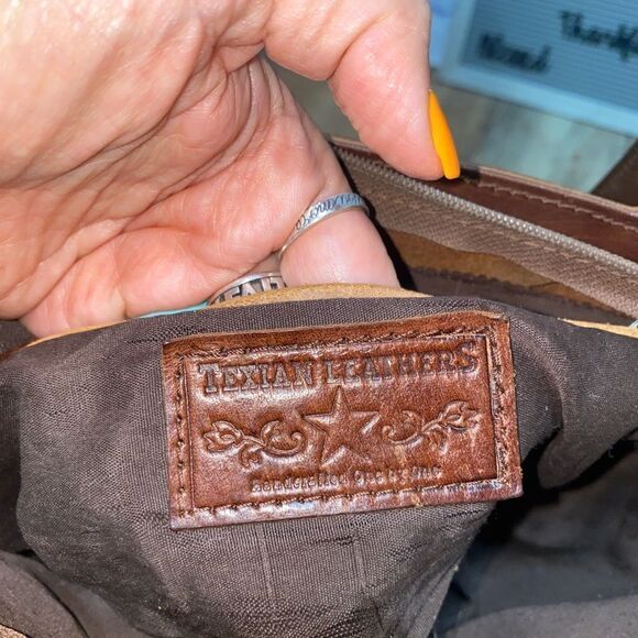 Texian Leathers tooled leather studded pony hair fur shoulder bag purse brown - Picture 7 of 13